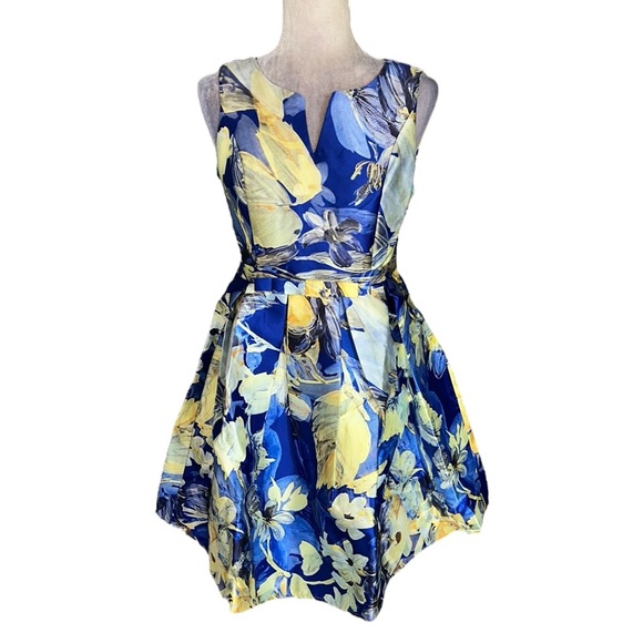 NWT Charm’s Paris Blue Yellow Watercolor Floral Bow Detail Fit & Flare Dress - M - Picture 1 of 9